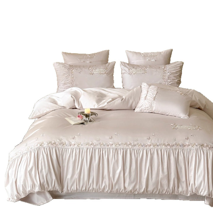 Embroidered Satin-Feel Ruffled Duvet Cover Set with Decorative Pillow Shams