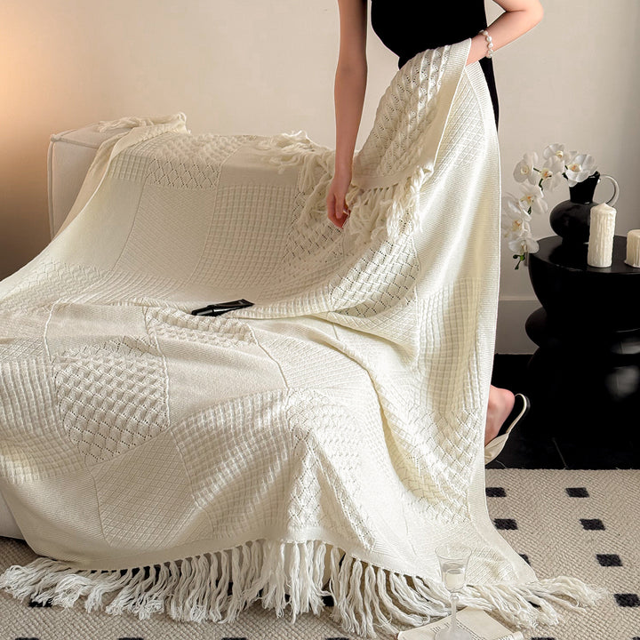 Textured Patchwork Cotton Knit Fringe Throw Blanket