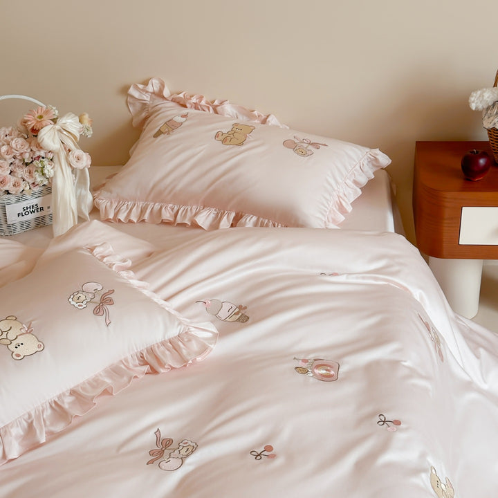 Ruffled Embroidered Cotton Sateen Duvet Cover Set with Decorative Pillowcases