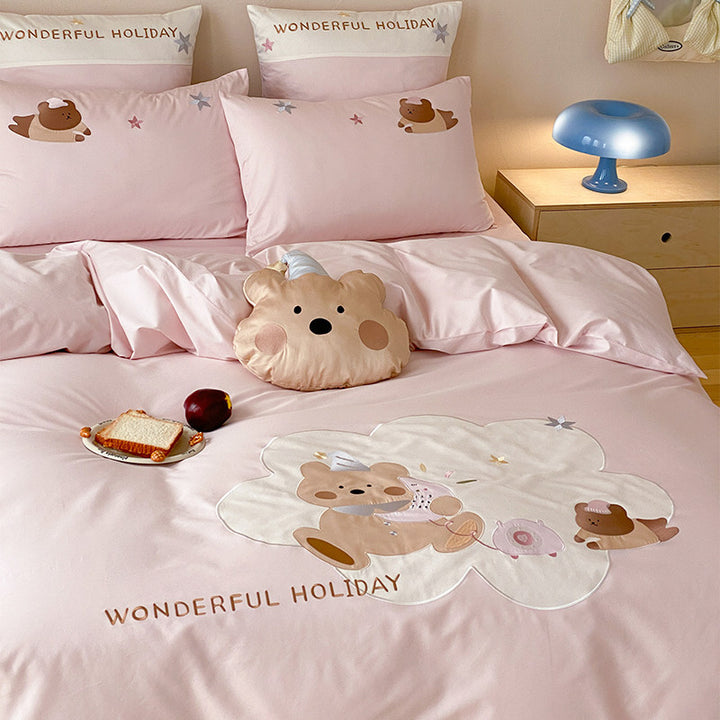 Children's Bear-Illustration Cotton-Blend Duvet Cover Set with Plush Cloud Cushion & Pillowcases