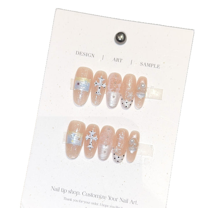 Acrylic Nail Set with Dreamy Glitter and Pearl Designs Stornfield
