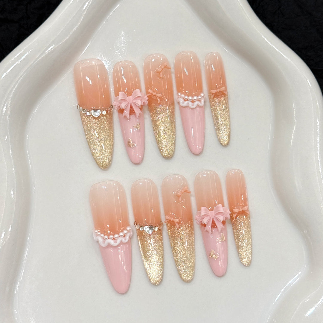 Elegant Stiletto Press-On Nail Set with Floral and Glitter Accents