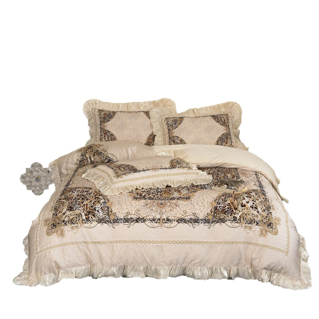 Baroque bed linen set with satin ruffles and ornamental print