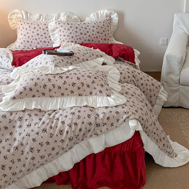 Floral Brushed Cotton Duvet Cover Set with Ruffled Satin Trim