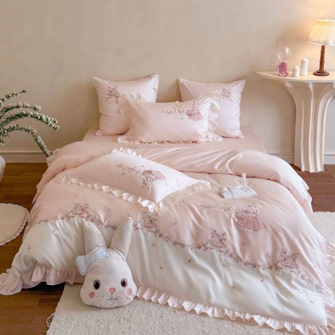 Ruffled Embroidered Satin-Trim Duvet Cover and Sham Bedding Set