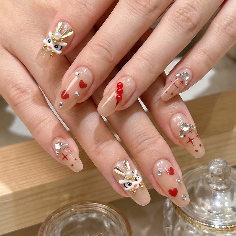 Artistic Press-On Nail Set with Themed Rabbit and Heart Designs Stornfield