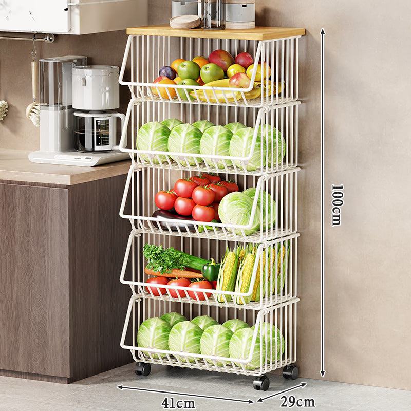 Slim Vertical Rolling Wire Produce and Pantry Organizer Cart with Wood Top