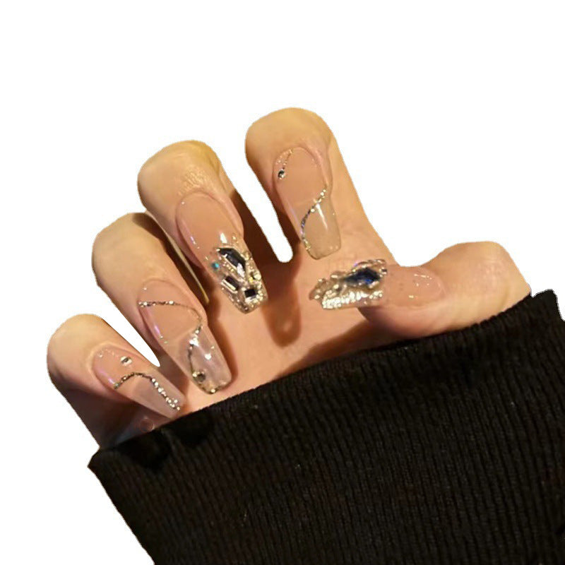 Premium Long Coffin Press-On Nails with Rhinestone Accents