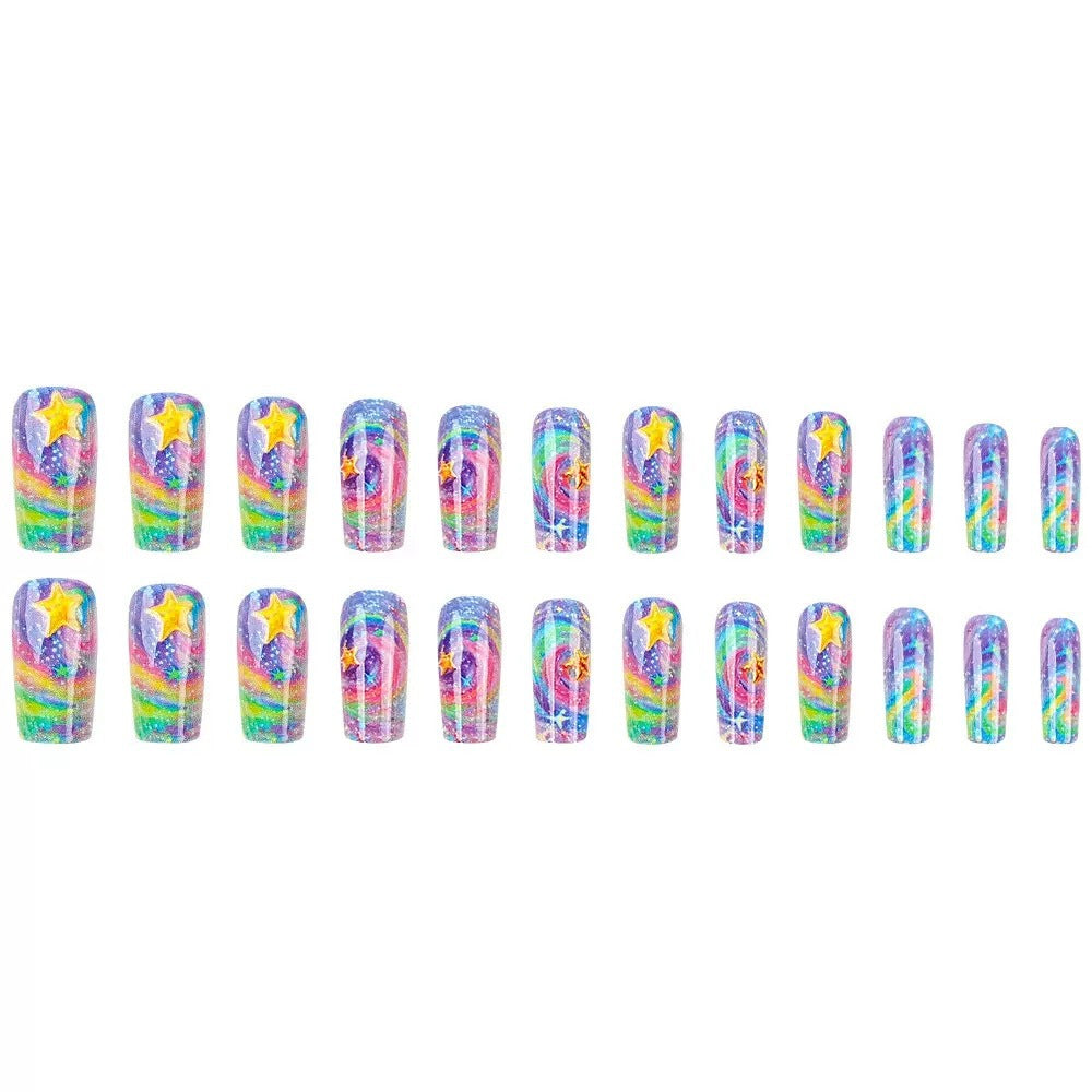 Glittering artificial nail set with colorful spiral design and star accents Stornfield