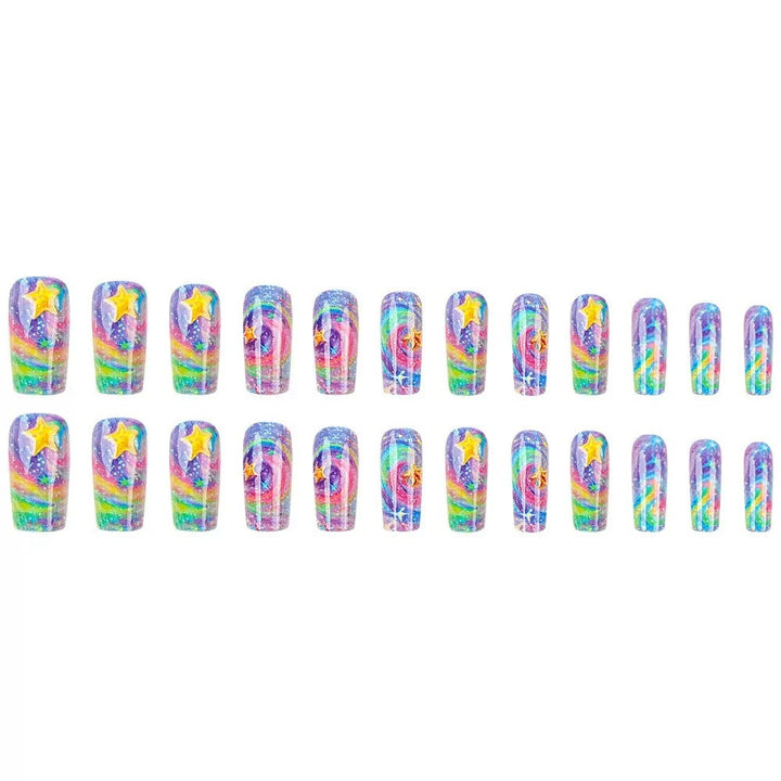 Glittering artificial nail set with colorful spiral design and star accents Stornfield