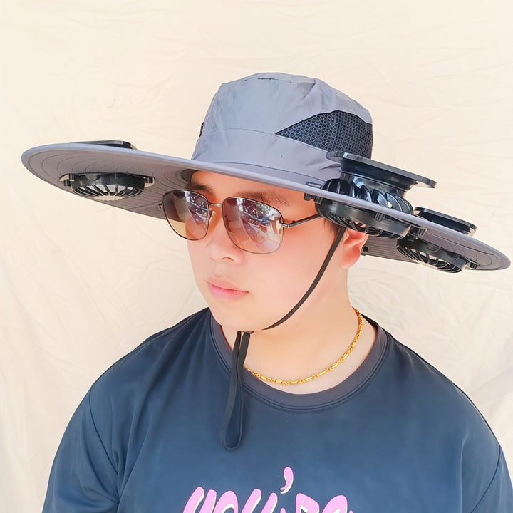 Wide-brimmed sun hat with detachable swivel solar fans and adjustable chin strap Stornfield