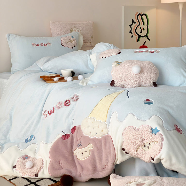 Children's Embroidered Plush Duvet Cover Set with Ice Cream & Sheep Appliqués