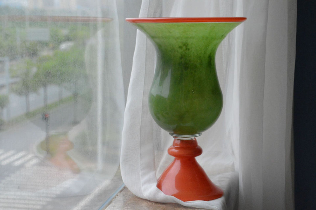 Handblown Fluted Pedestal Art Glass Trumpet Vase Stornfield
