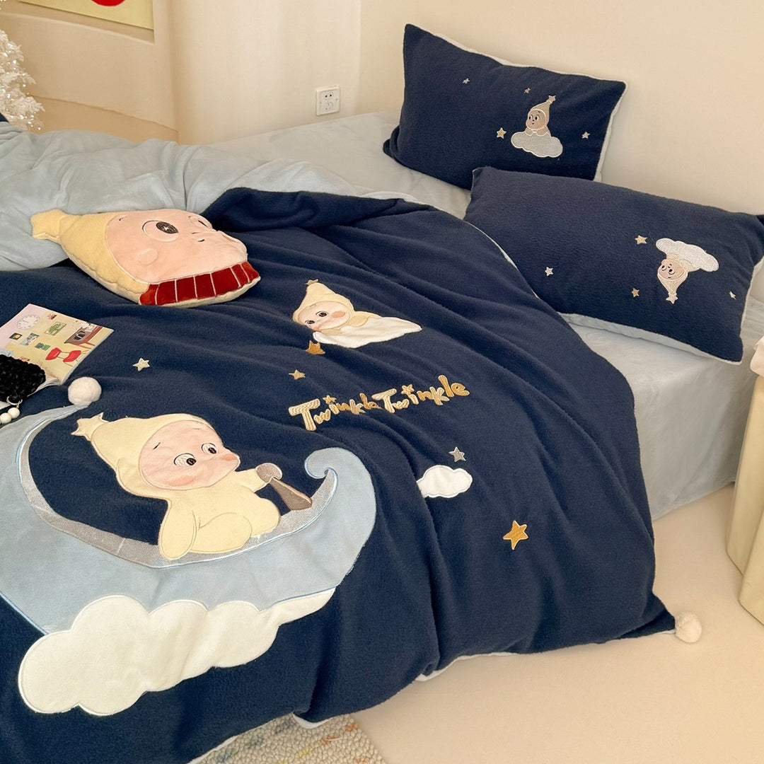 Plush Embroidered Fleece Duvet Cover Set with Moon Baby Appliqué