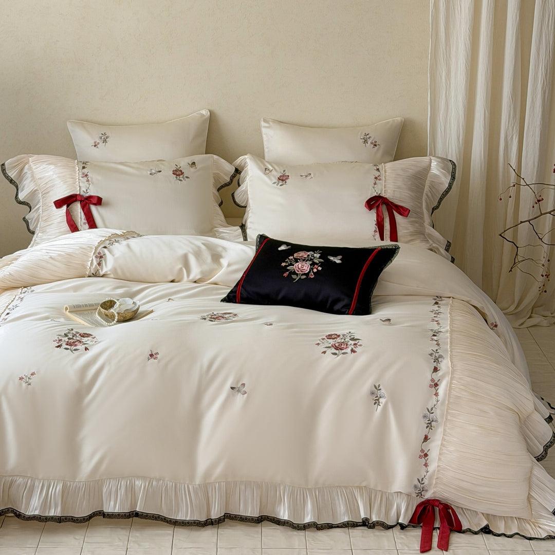 Exquisite cotton satin bedding set with floral embroidery, pleated ruffle and decorative bows
