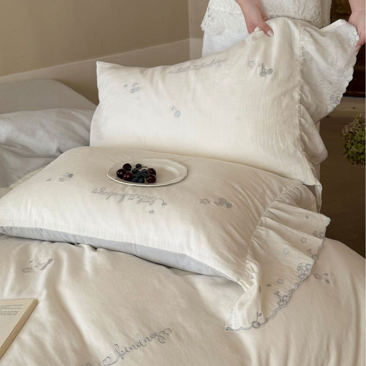 Scalloped Ruffle Embroidered Cotton Duvet Cover Set