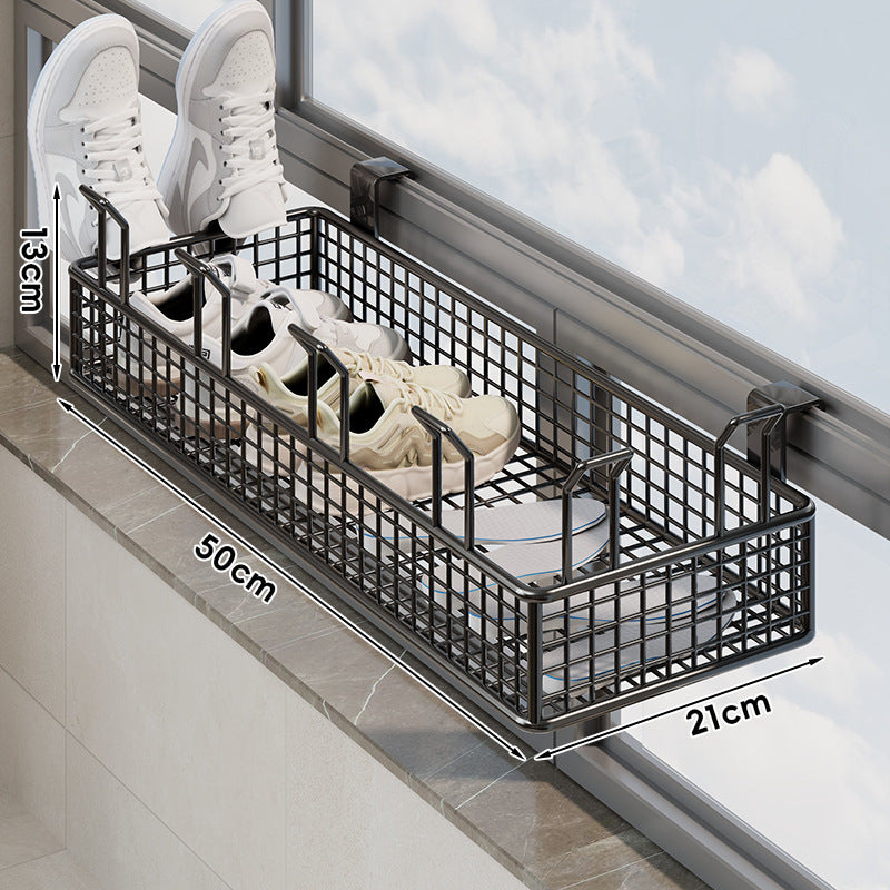 Window-Rail Hanging Shoe Storage Basket with Ventilated Grid and Adjustable Clamp Hooks