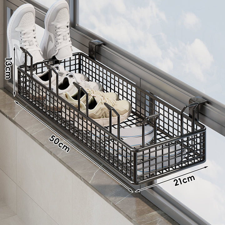 Window-Rail Hanging Shoe Storage Basket with Ventilated Grid and Adjustable Clamp Hooks