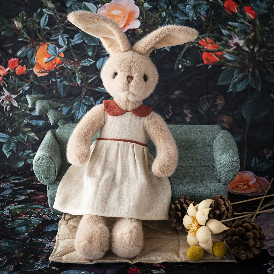 Plush Bunny Doll with Linen Outfit and Soft Fur