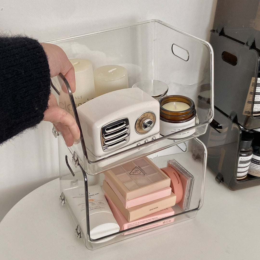 Acrylic kitchen organizer, stackable transparent storage shelf with handles