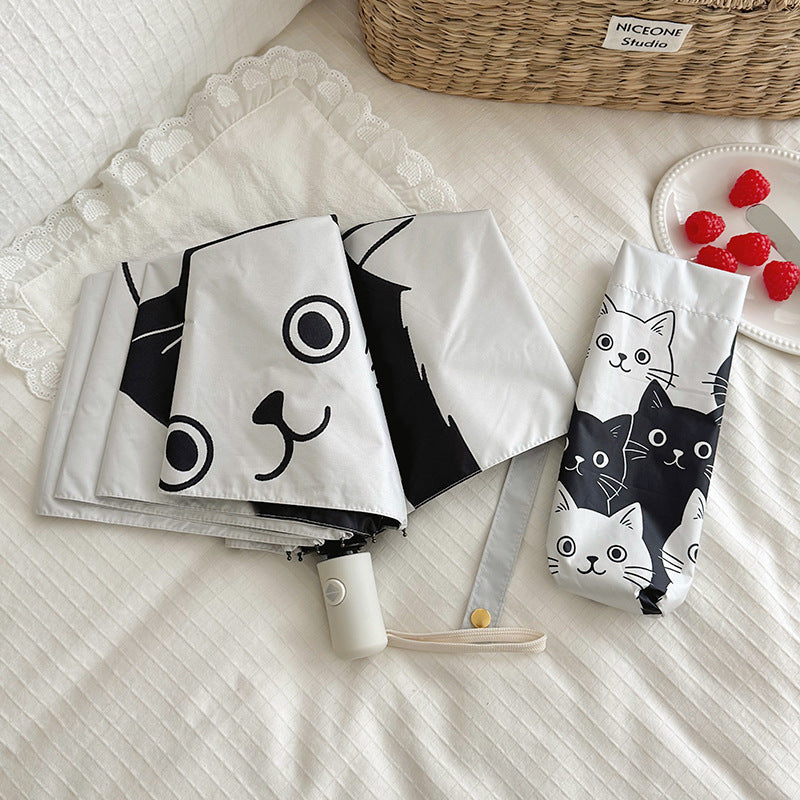 Women Folding Umbrella with Playful Cat Pattern Stornfield