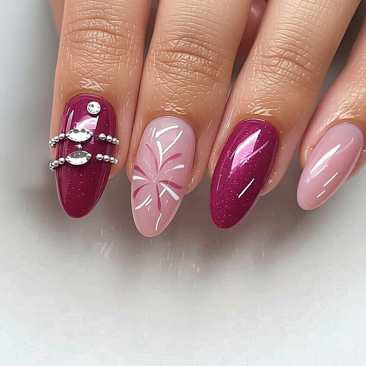Artistic Press-On Nail Set with Floral Patterns and Gem Accents Stornfield