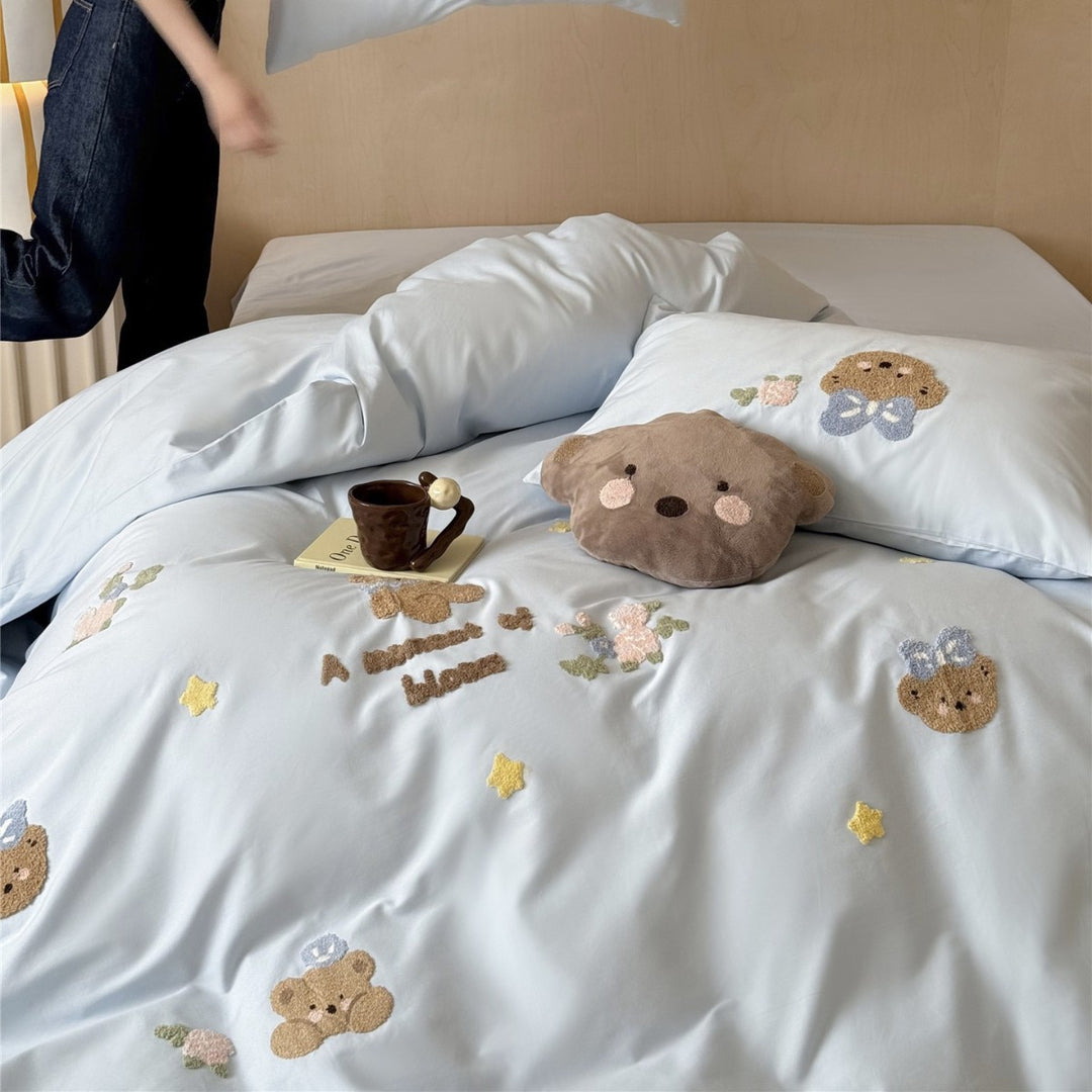 Embroidered Chenille Cartoon Duvet Cover Set with Plush Accent Pillow