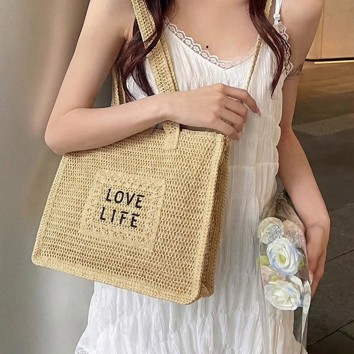 Woven Straw Tote Bag with Inspirational Print