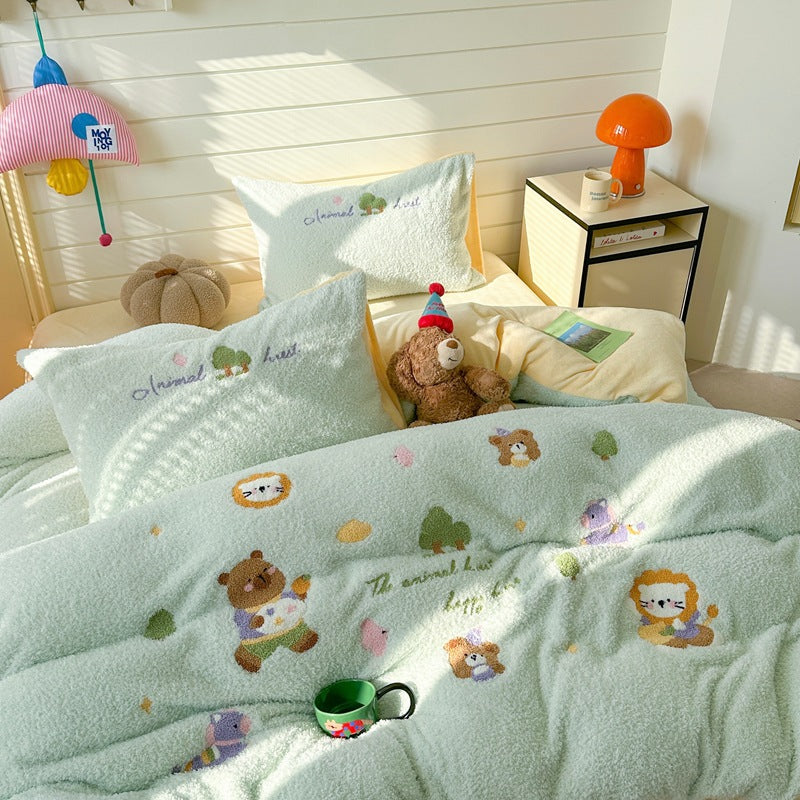Plush Sherpa Embroidered Penguin Reversible Comforter Set with Pillow Shams and Decorative Cushion