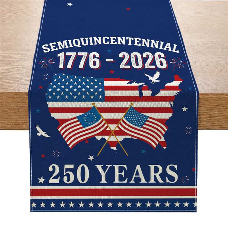 Patriotic Cotton-Linen Table Runner with Statue of Liberty and American Flag Print
