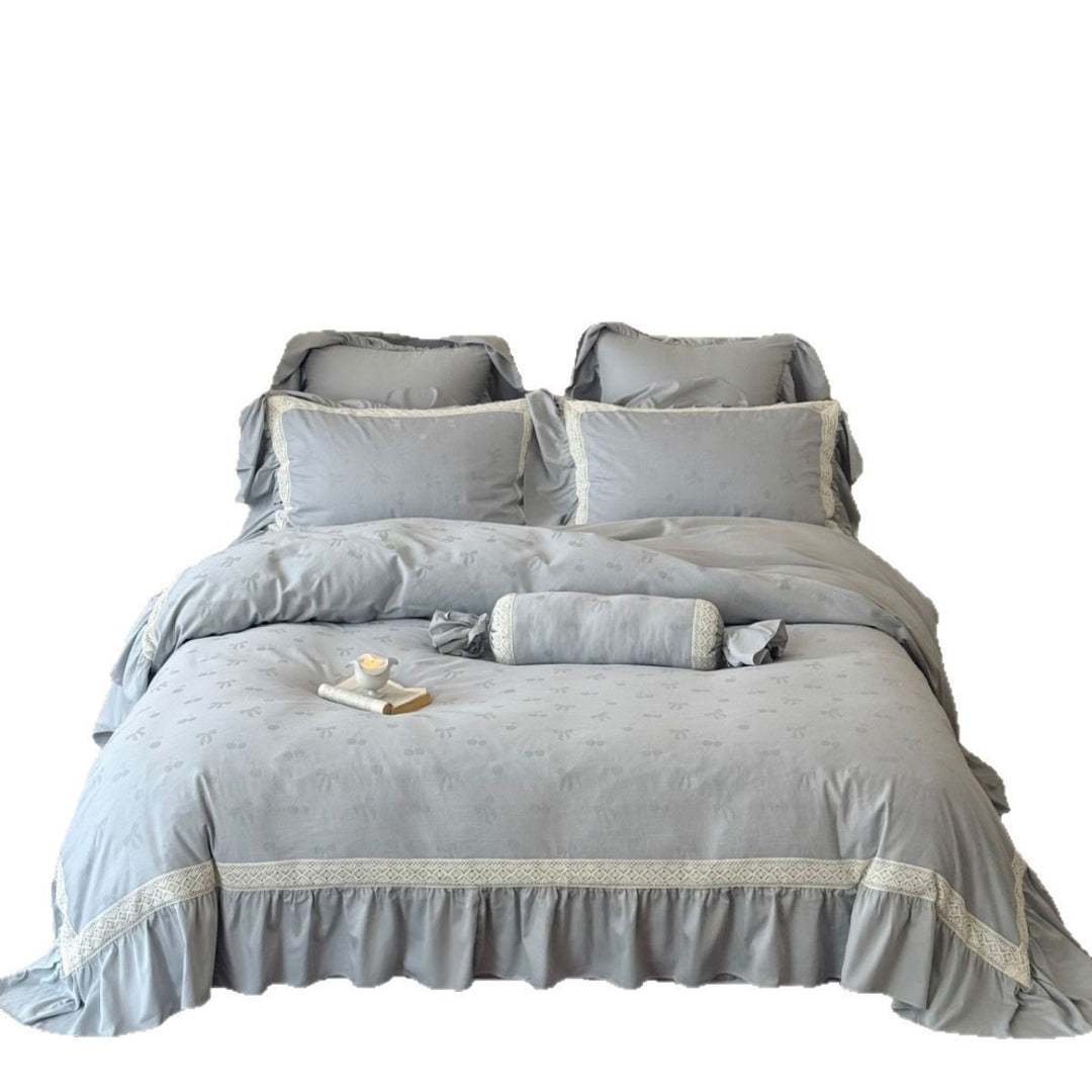Linen-Blend Jacquard Floral Duvet Cover Set with Ruffled Hem and Decorative Bolster