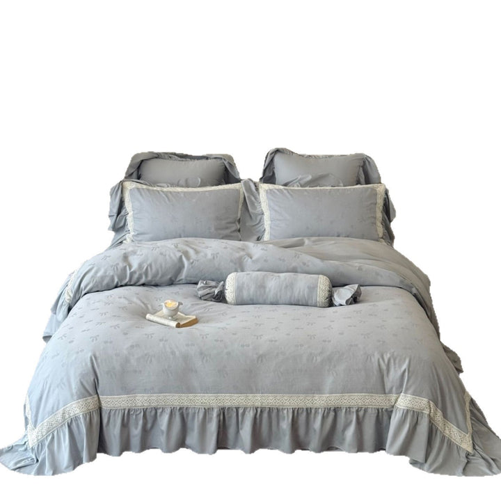 Linen-Blend Jacquard Floral Duvet Cover Set with Ruffled Hem and Decorative Bolster