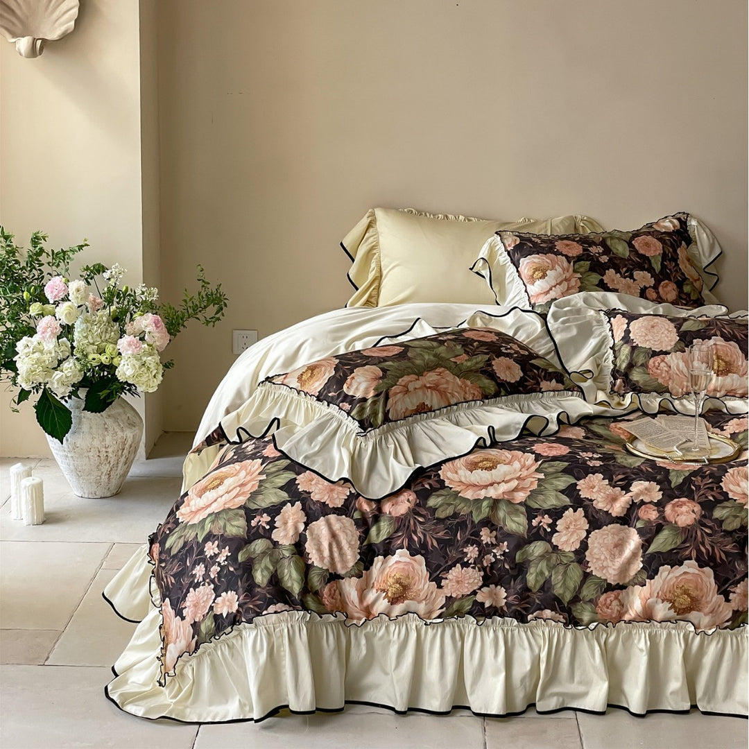 Ruffled Floral Cotton-Linen Blend Duvet Cover Set with Skirted Ruffle and Contrasting Piped Edge