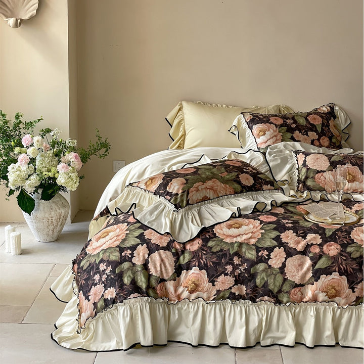 Ruffled Floral Cotton-Linen Blend Duvet Cover Set with Skirted Ruffle and Contrasting Piped Edge