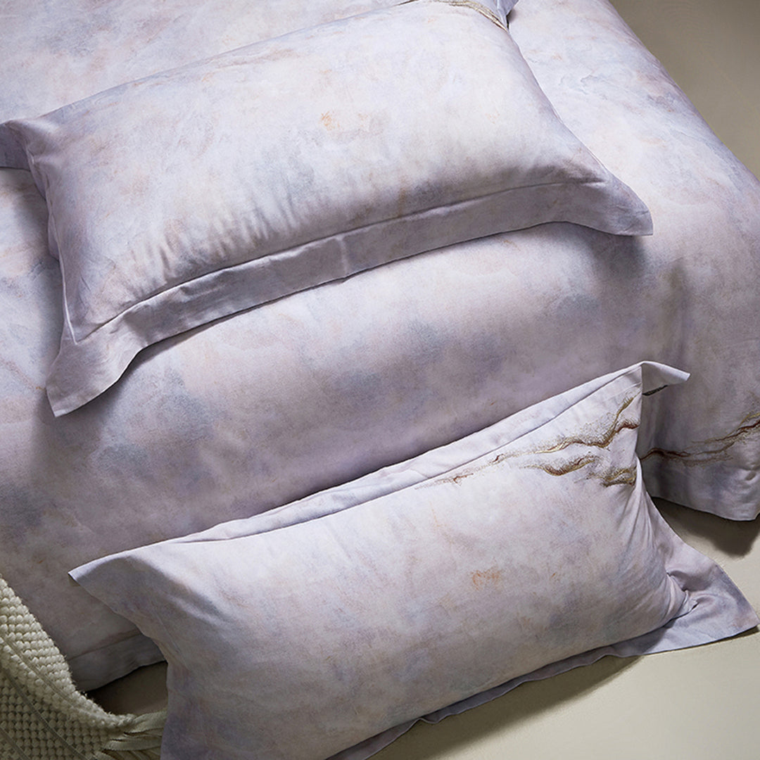 Marble-Effect Cotton Sateen Duvet Cover Set with Knitted Throw and Oxford Shams
