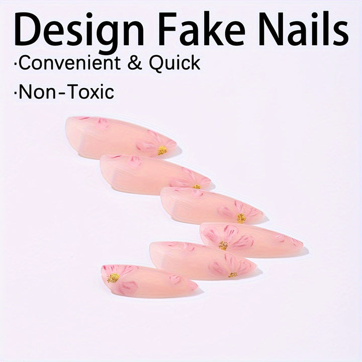 Artificial nail set with floral accents and gold embellishments Stornfield