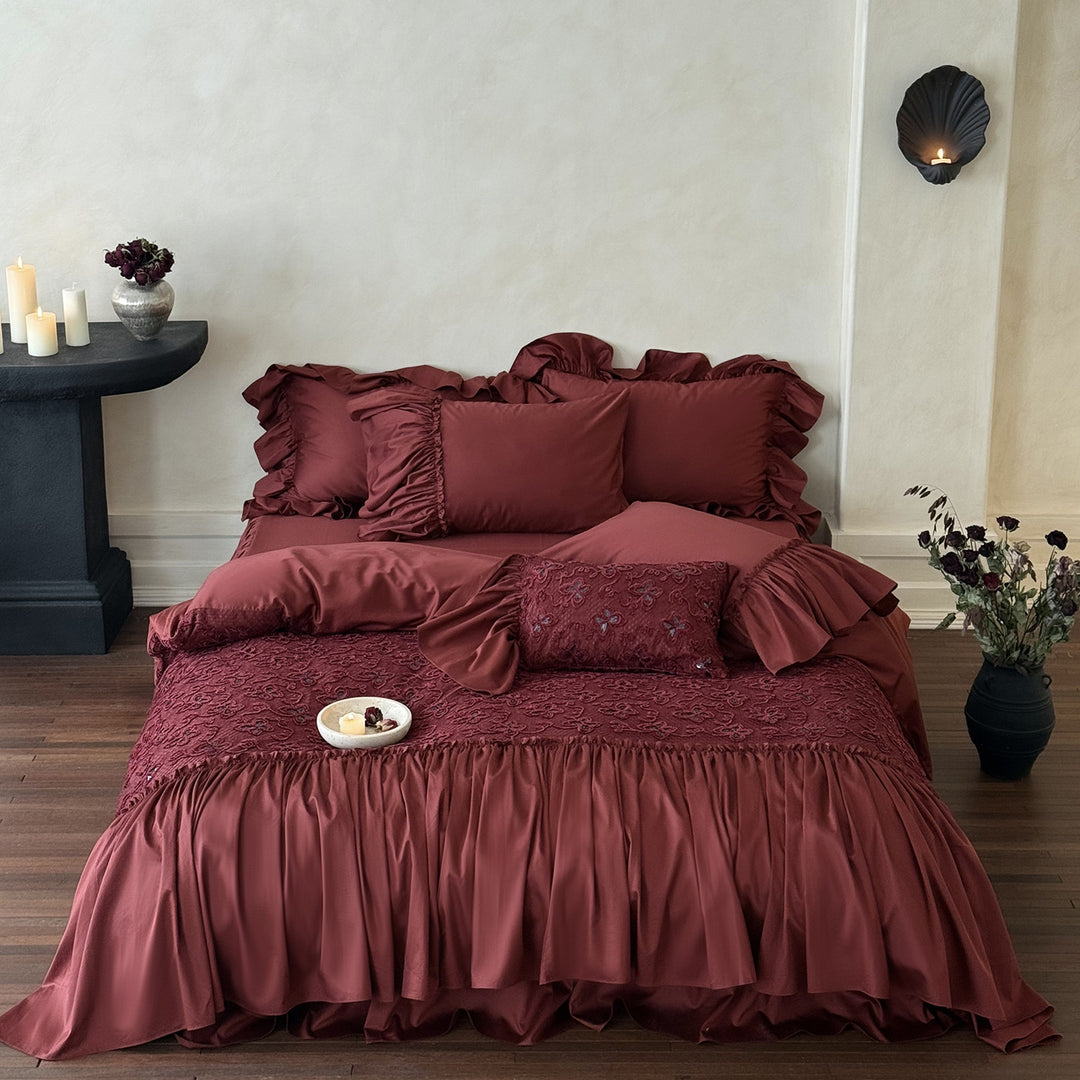 Opulent ruffled table cover and bed cover set made of cotton satin with embroidered decorative pillow