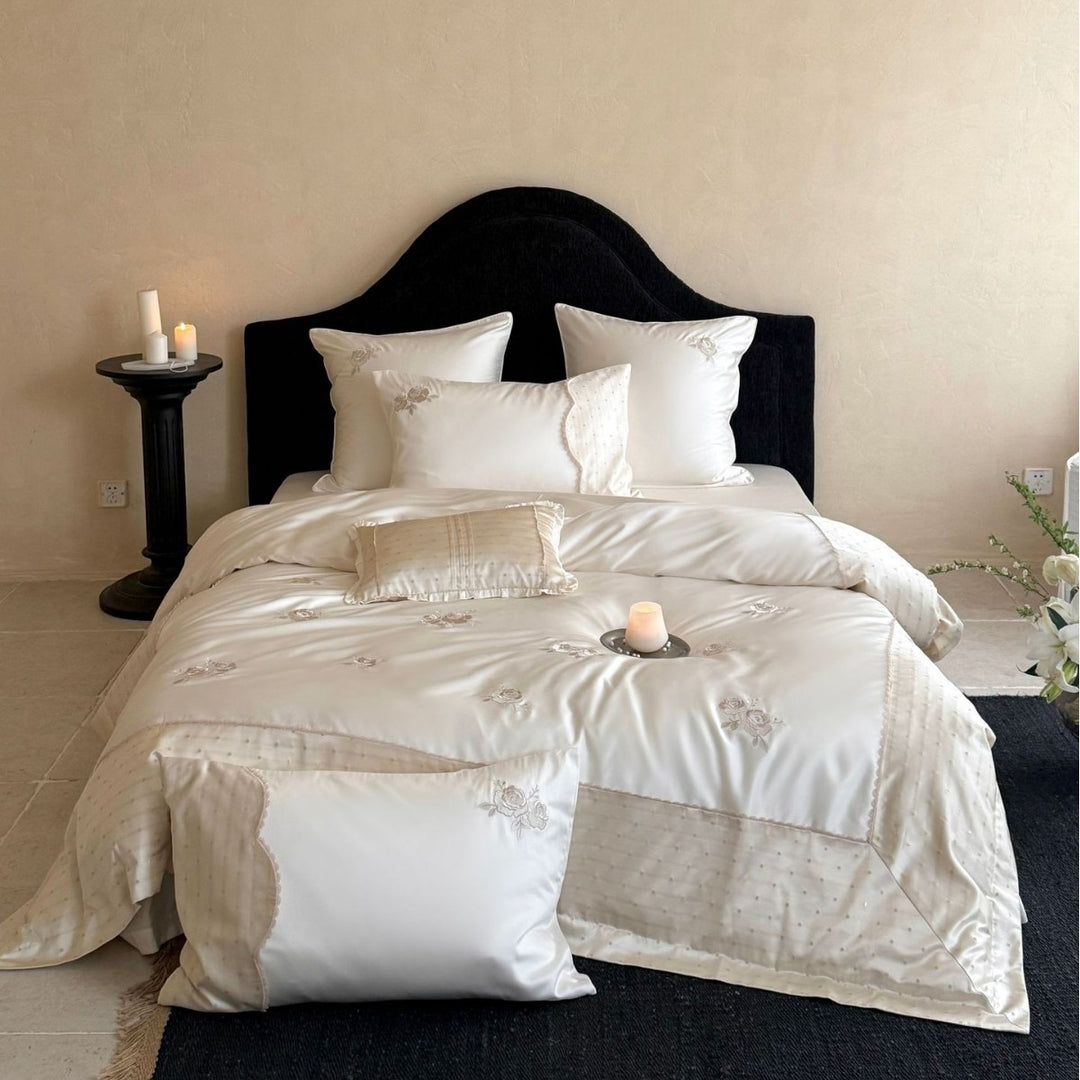 Embroidered Satin-Feel Duvet Cover & Comforter Set with Decorative Pillow Shams and Scalloped Edge