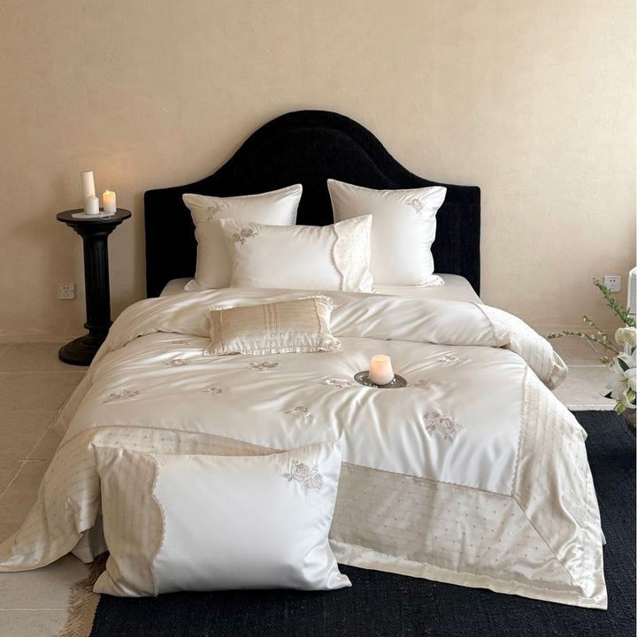 Embroidered Satin-Feel Duvet Cover & Comforter Set with Decorative Pillow Shams and Scalloped Edge