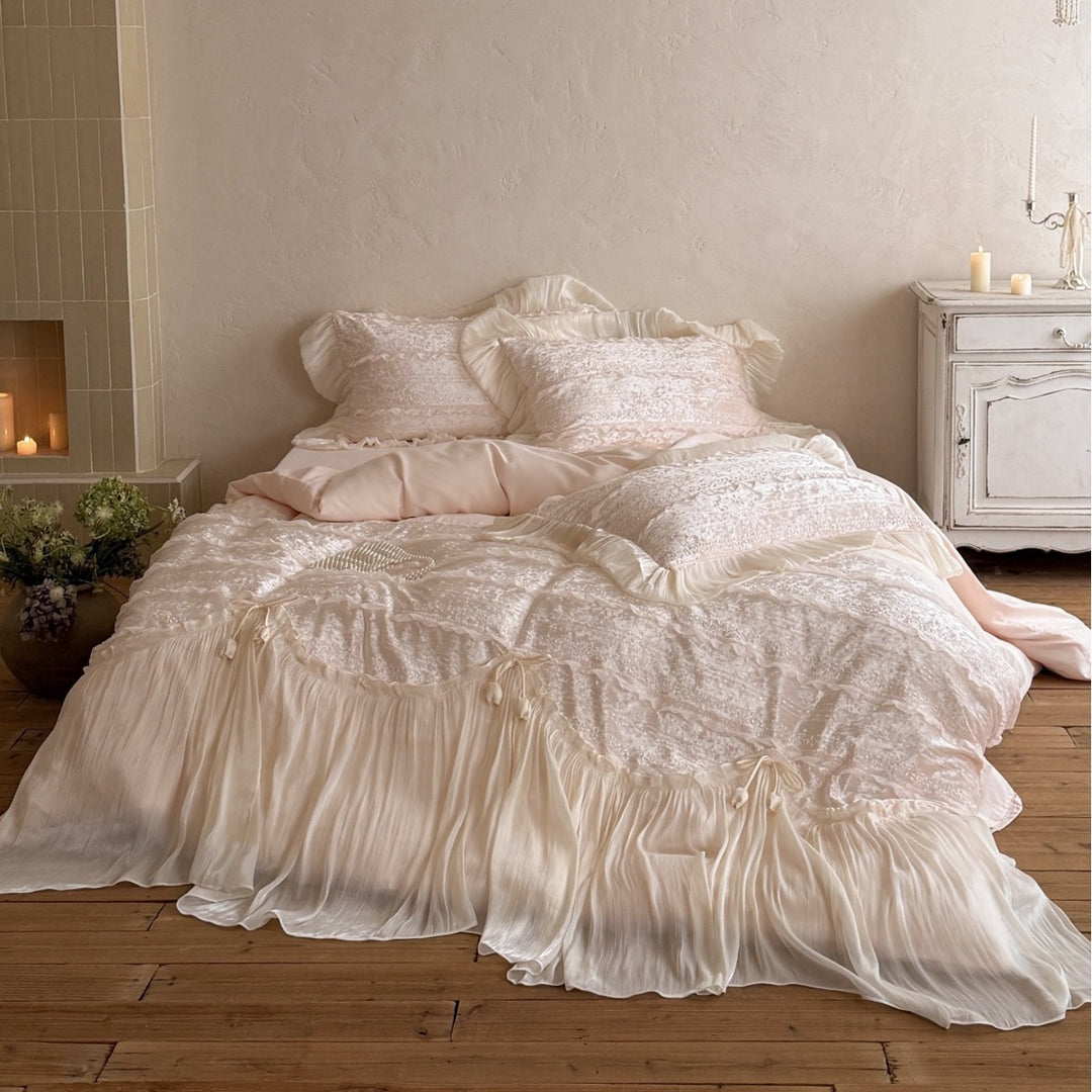 Romantic Ruffled Voile Layered Duvet Cover Set with Lace Embroidery