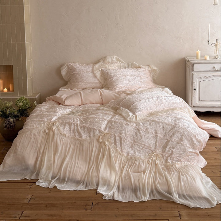 Romantic Ruffled Voile Layered Duvet Cover Set with Lace Embroidery