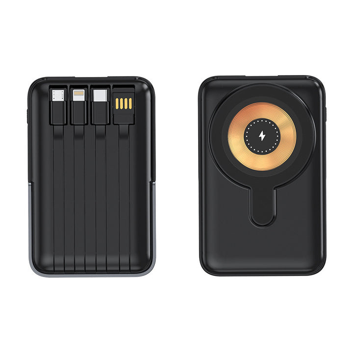 Compact power bank with integrated charging cable and wireless charging function Stornfield