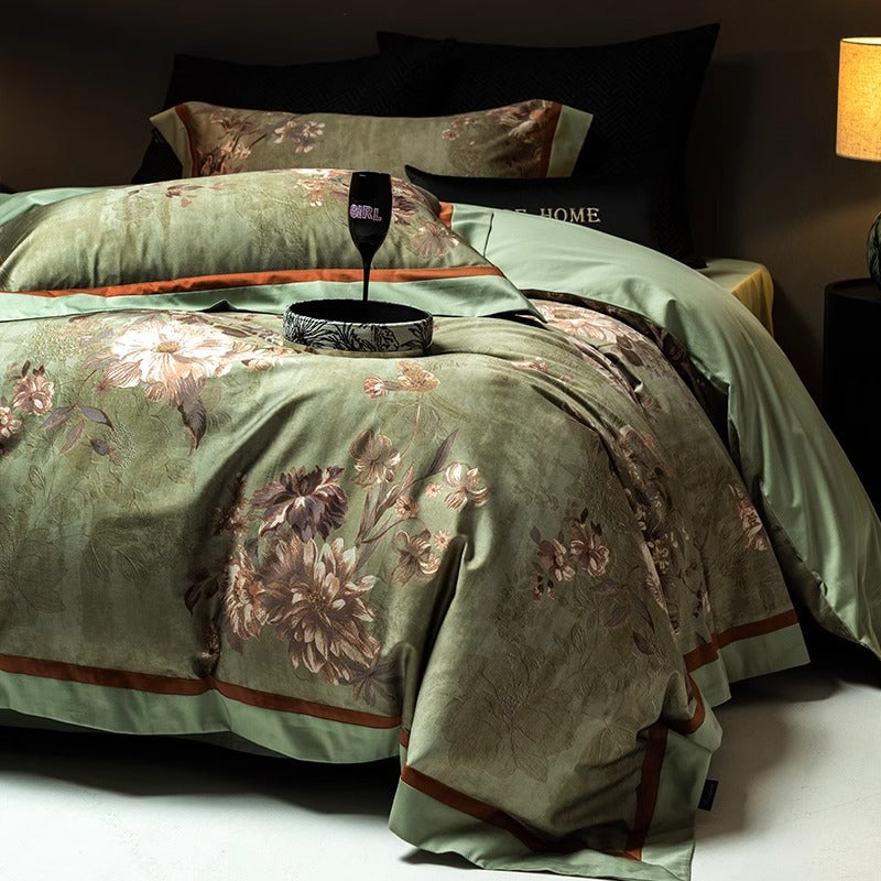 Floral Jacquard Cotton Sateen Duvet Cover Set with Reversible Border