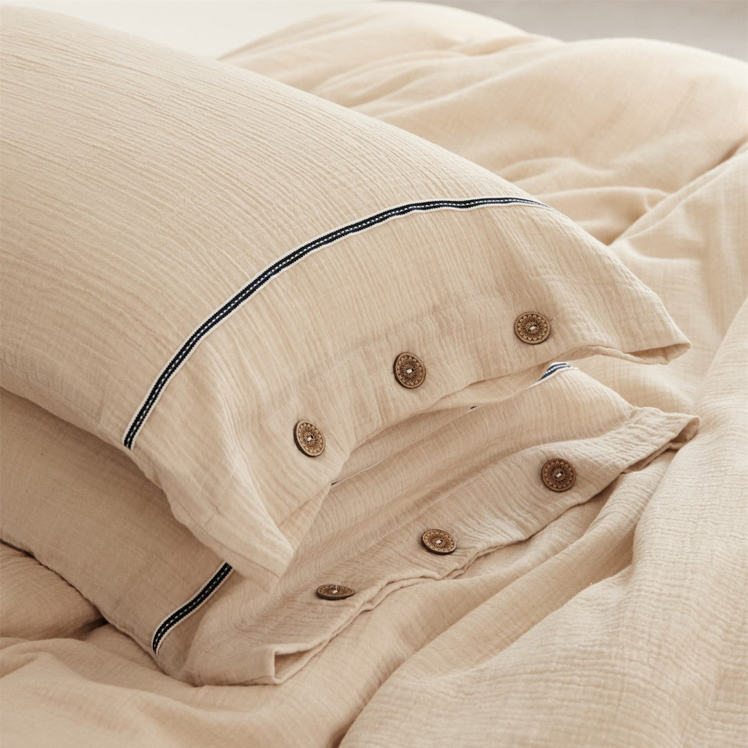 Crinkled Cotton Gauze Duvet Cover & Button-Closure Pillowcase Set with Decorative Metal Buttons and Contrast Tape Trim