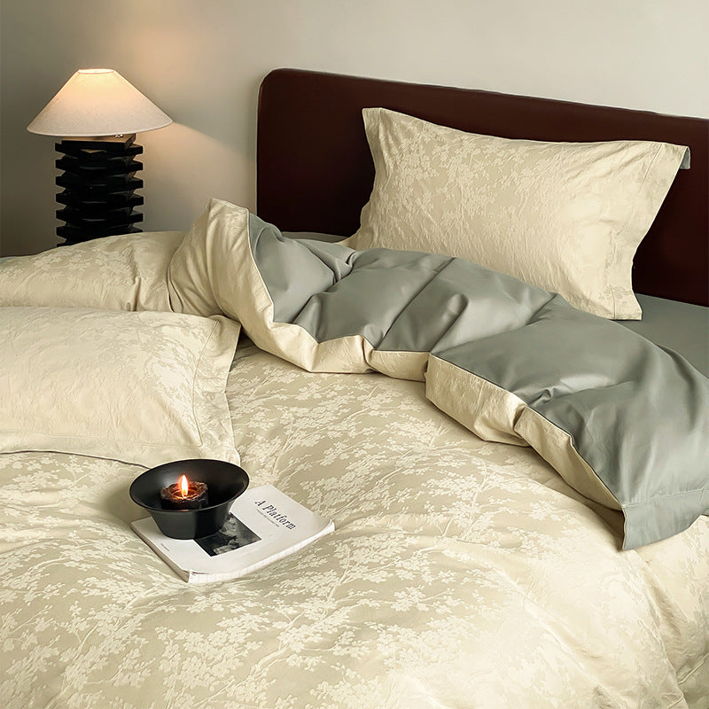 Reversible Jacquard Cotton-Sateen Duvet Cover Set with Floral Damask Texture