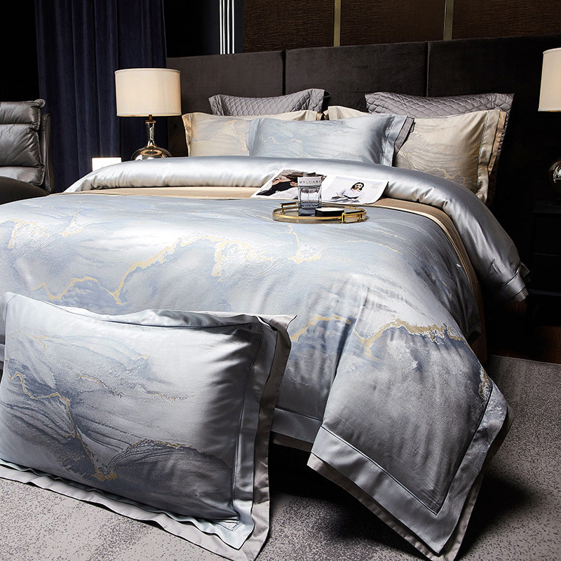 Silky Sateen Marble-Print Duvet Cover Ensemble with Reversible Back and Hidden Corner Ties