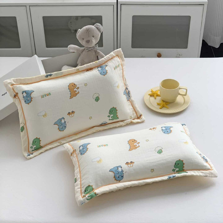 Baby Muslin Pillow Set with Bear Print & Soft Gauze Ruffled Edge