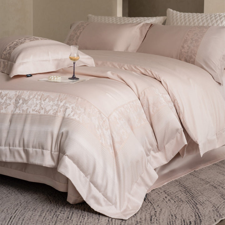 Luxury Jacquard-Trim Cotton-Sateen Duvet Cover Set with Butterfly Border & Deep-Fit Corners