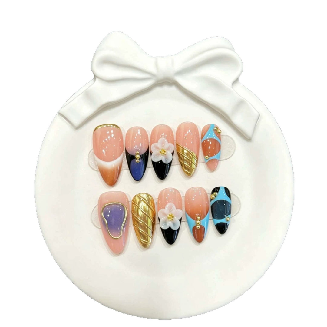 Decorative Press-On Nail Art Set with Floral and Geometric Designs