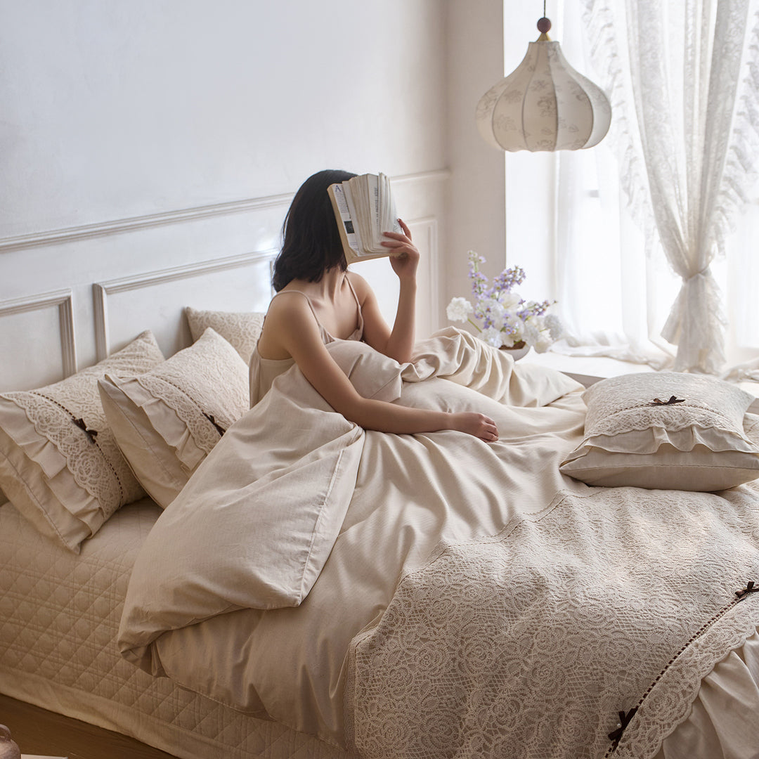 Luxury Lace Ruffle Cotton Duvet Cover and Pillowcase Set